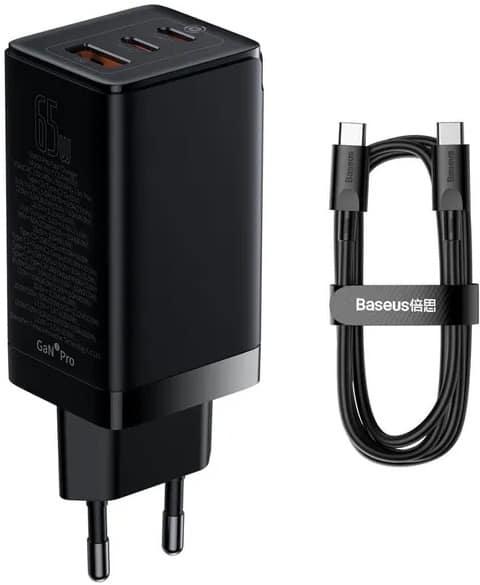 Комплект СЗУ Baseus GaN5 Pro CCGP120202 3A 65W USB+2xType-C порты с кабелем Type-C на Type-C, Белый