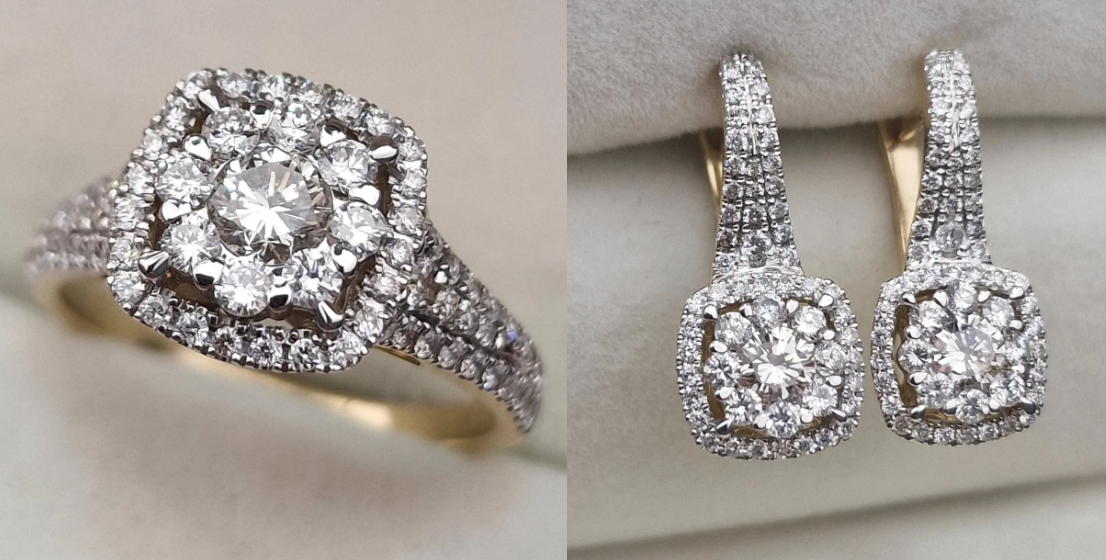 Золотой набор с бриллиантами (кольцо 0.9 Сt VS2/K-VS2/H VG-Cut , серьги 1.23Ct SI2-VS1/J.H, VG-Cut )