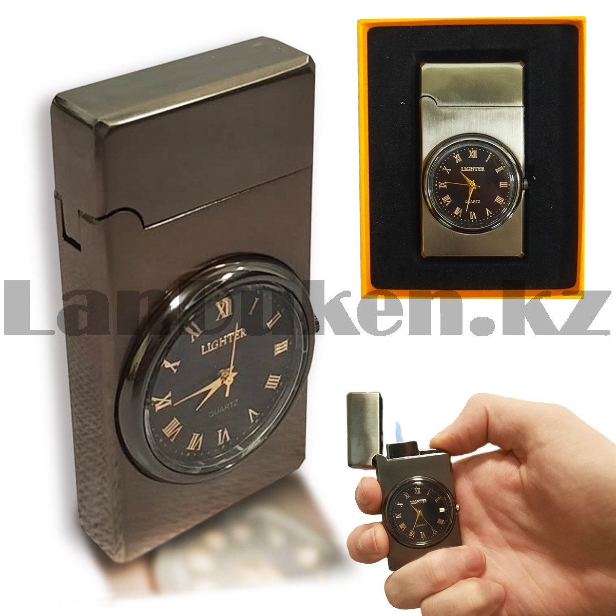 Подарочная зажигалка газовая с часами сувенирная Lighter металлическая