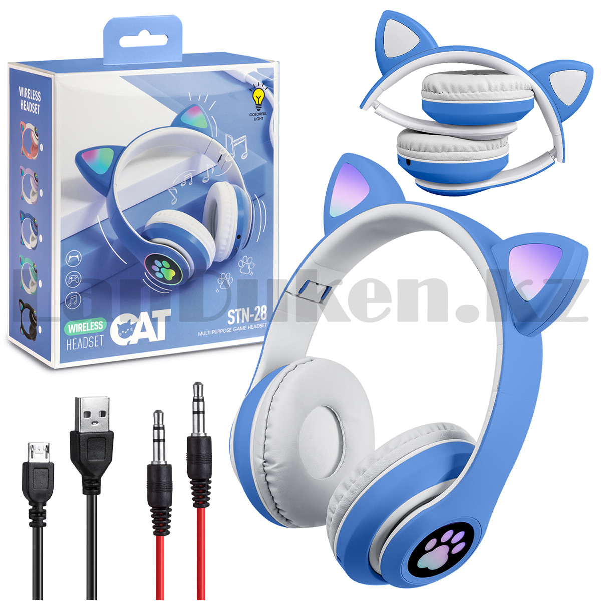 Беспроводные наушники стерео Bluetooth с микрофоном LED подсветкой складные Cat Ears сине-фиолетовые