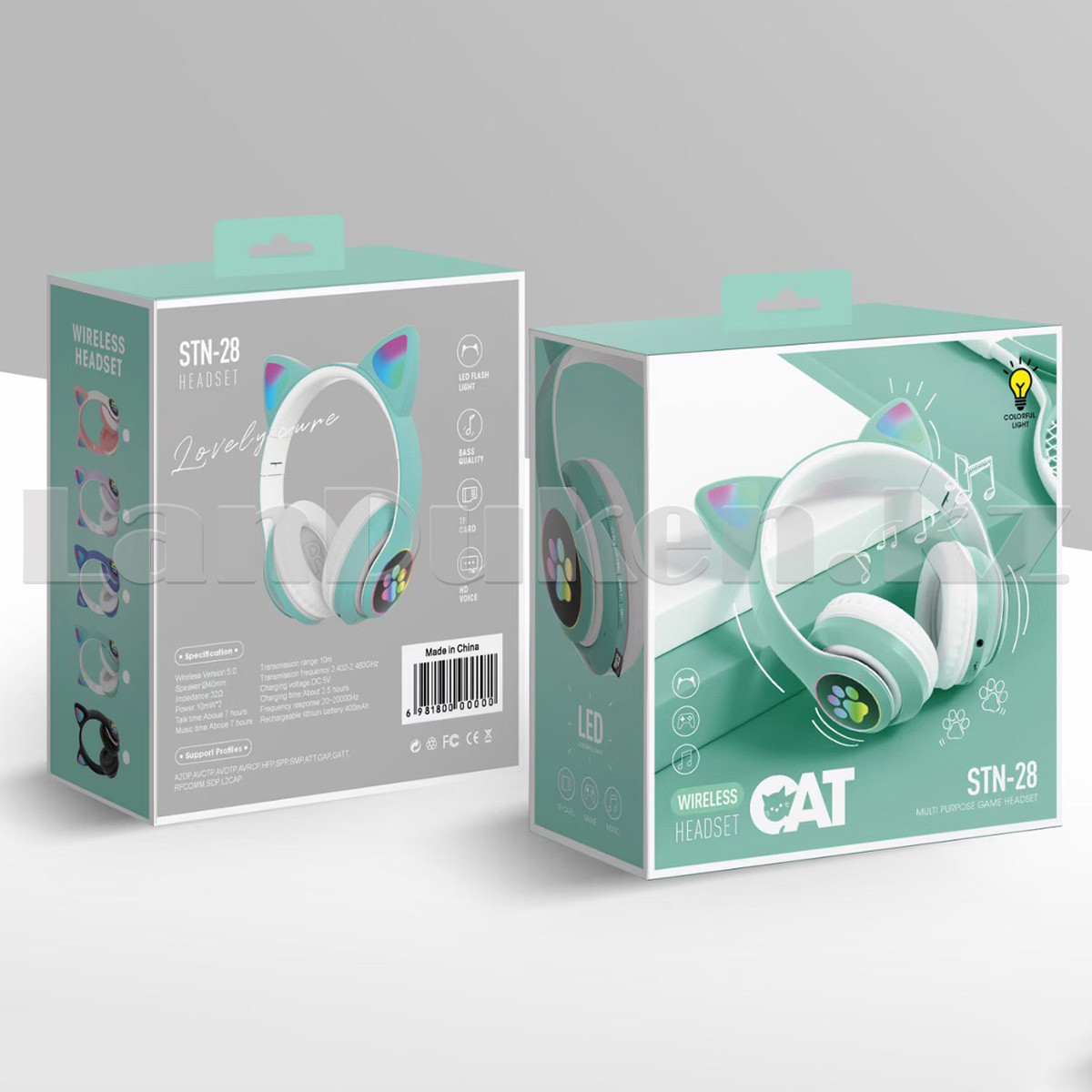 Беспроводные наушники стерео Bluetooth с микрофоном LED подсветкой складные Cat Ears мятного цвета - фото 5 - id-p106806363