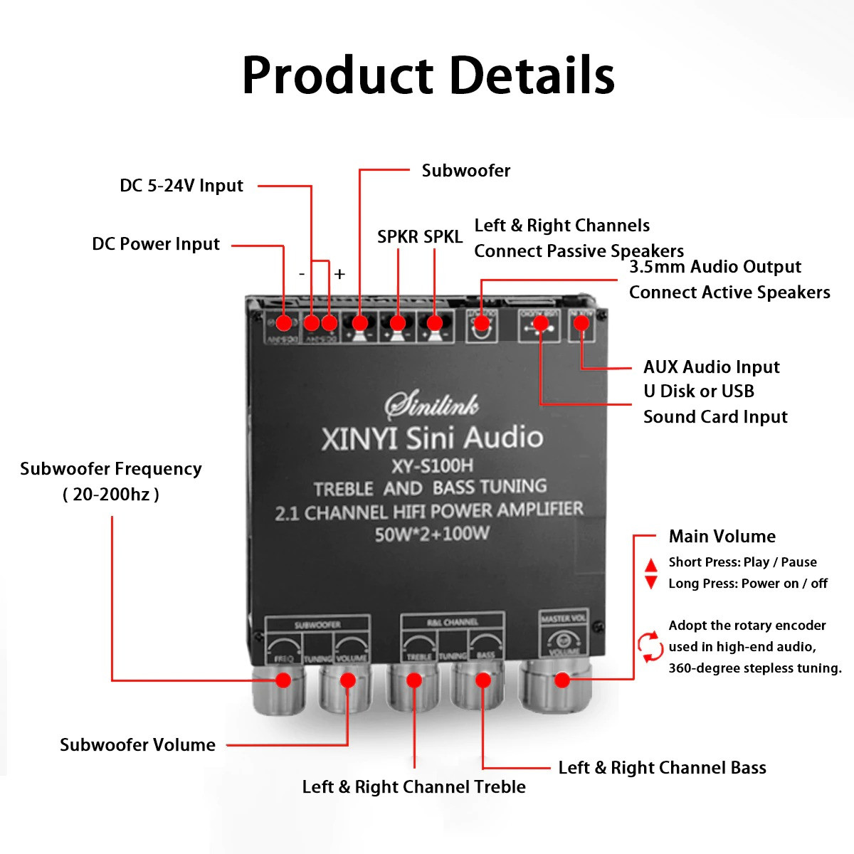 Усилитель мощности звука 2.1CH 2x50 Вт+100 Вт aux mp3 Bluetooth 5 - фото 5 - id-p106831484