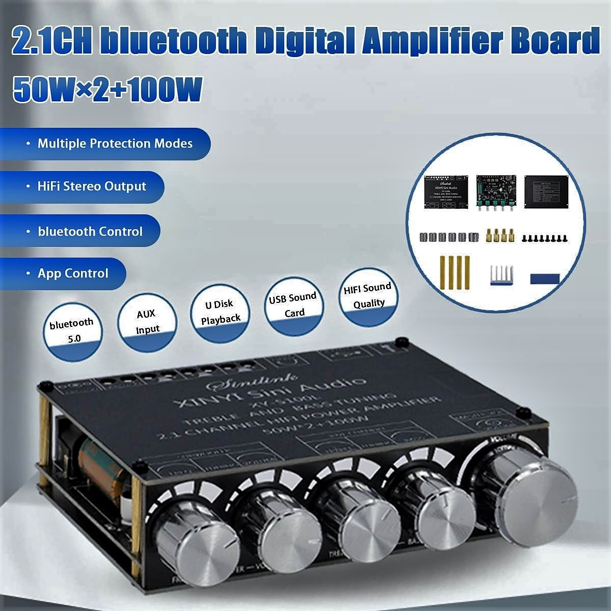 Усилитель мощности звука 2.1CH  2x50 Вт+100 Вт сабвуфера Bluetooth 5.0
