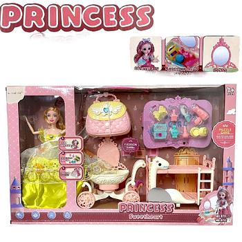 Помятая упаковка!!! 8712-1 Кукла Princess с кроваткой, коляской и сумкой 58*46см