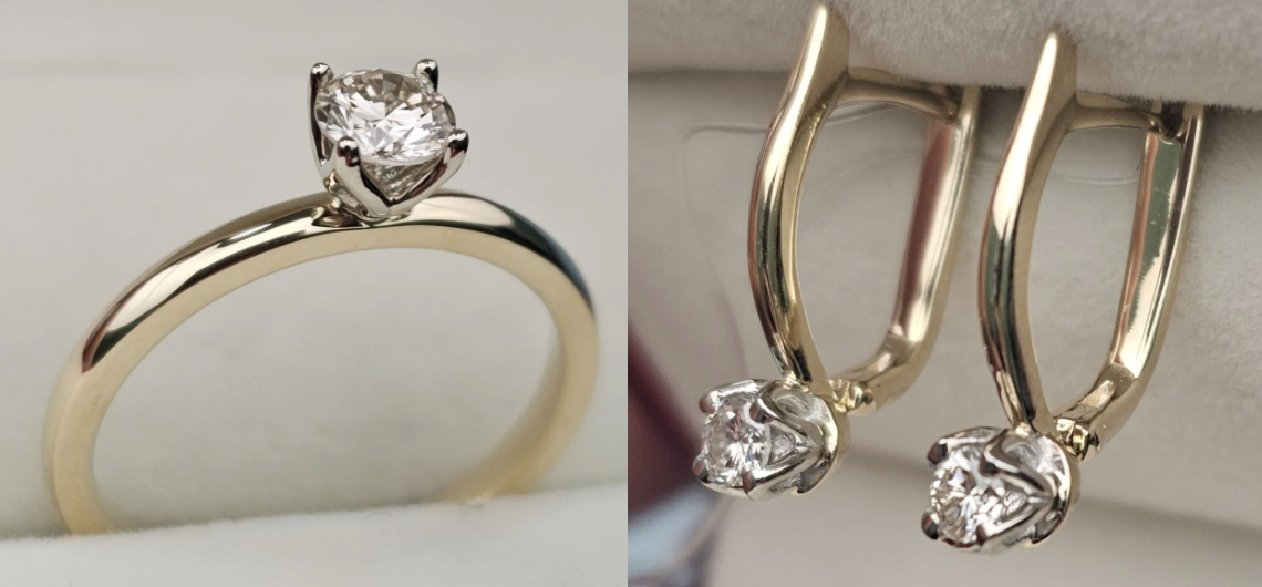 Золотой набор с бриллиантами (кольцо 0,33 Сt VS1/K EX-Cut , серьги 0.31 Ct I1-SI1/I, VG-Cut )
