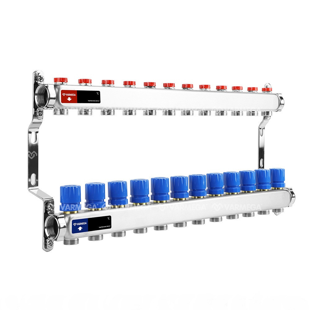 Коллектор 1", 12 x 3/4"EK из нержавеющей стали с регулирующими и балансировочными клапанами Varmega, фото 1