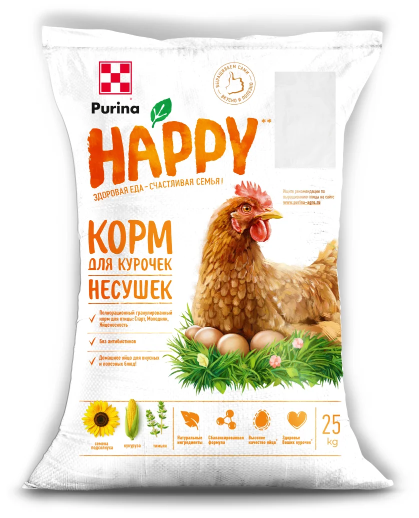 Корм PURINA HAPPY для кур-несушек, "Старт" от 0 — 5 недель (цыплята), 25 кг