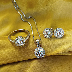 Серебряный комплект "Моя любовь" кольцо, кулон, цепочка, серьги, 925 серебро, муассанит