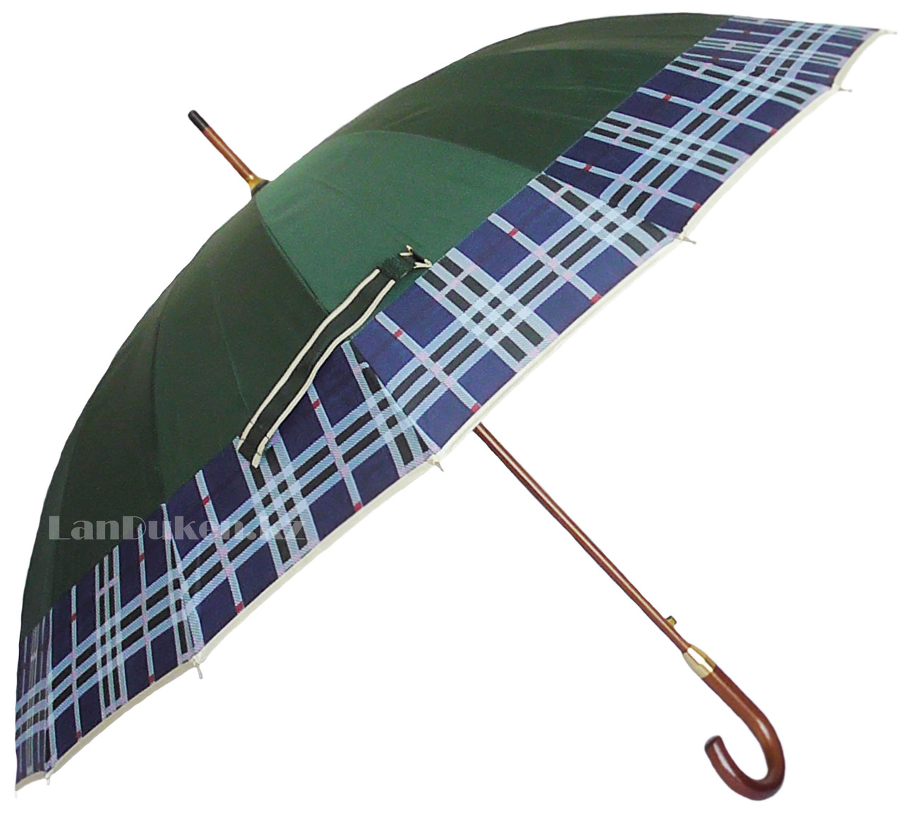 Мужской зеленый зонт трость, зонт в клетку с деревянной ручкой, фото 1