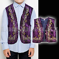 Жилет детский казахский национальный с пуговицей на талии с орнаментами фиолетовый (размеры 28-34)