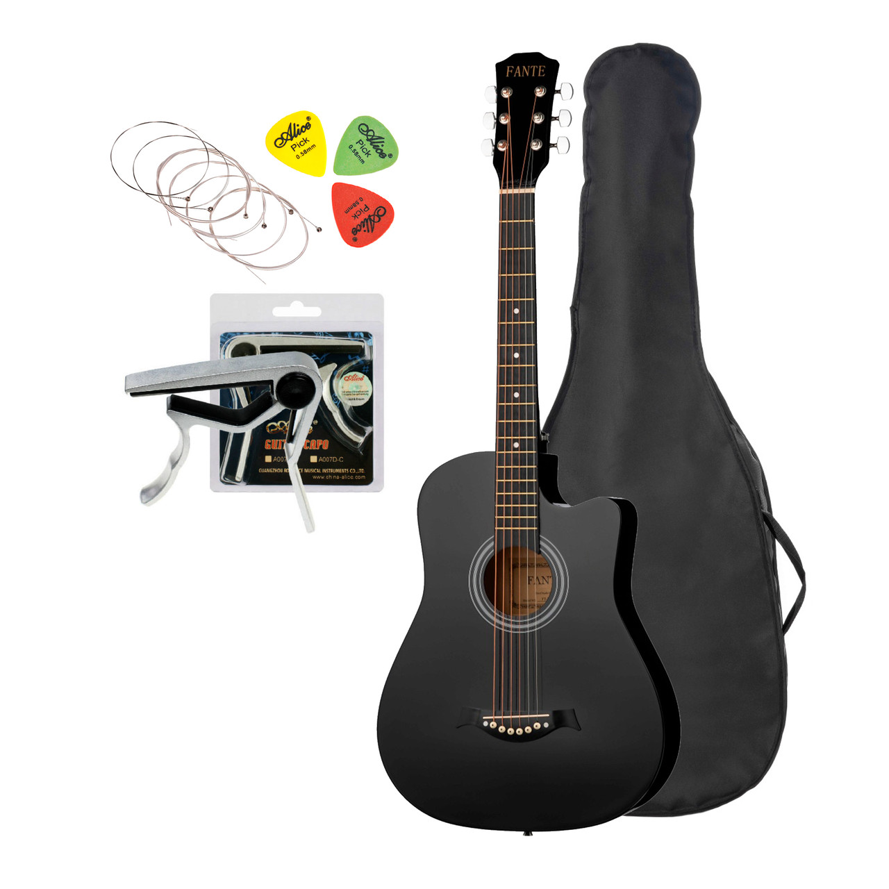Готовый гитарный комплект для начинающего, акустическая гитара + комплект аксессуаров Fante FT-D38-BK-SET