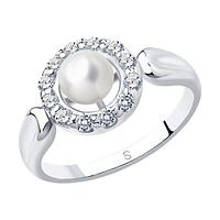 Кольцо из серебра с натуральным жемчугом и фианитами - размер 16,5