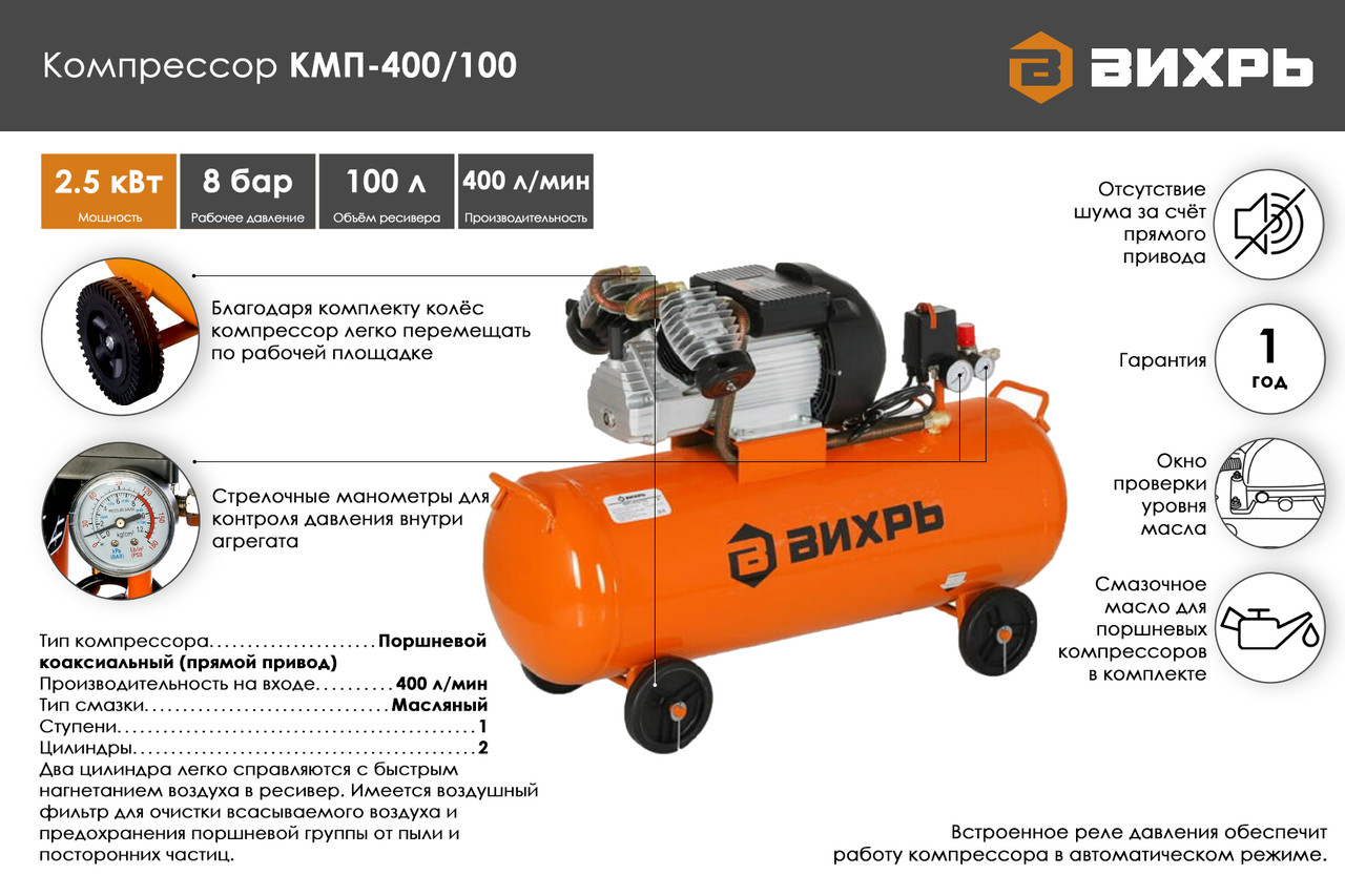 Компрессор Вихрь КМП-400/100 74/3/9 (2,5 кВт; 100 л; 400 л/мин; 8 бар; 220 В, масляный)