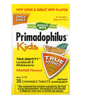 Nature's Way, Primadophilus, для детей от 2 до 12 лет, вкус апельсина, 3 млрд КОЕ, 30 жевательных таблеток