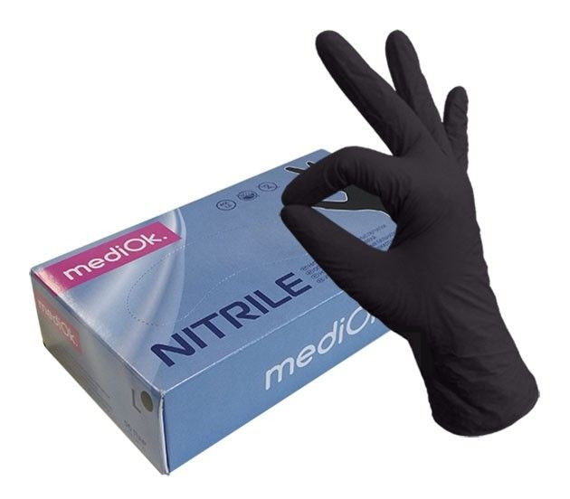 Перчатки нитриловые неопудренные текстурированные черные, размер M (50 пар/уп.), mediOk - фото 1 - id-p107281581
