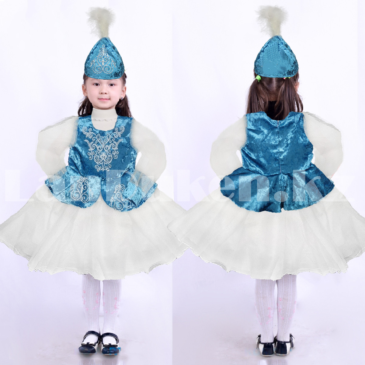 Платье детское казахское национальное с головным убором саукеле орнаментами голубое (размеры 30-36) - фото 1 - id-p107287293