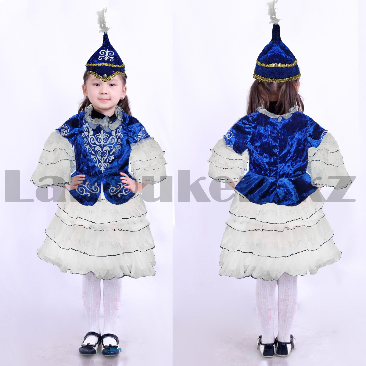 Платье детское казахское национальное с головным убором саукеле орнаментами синие (размеры 28-34)