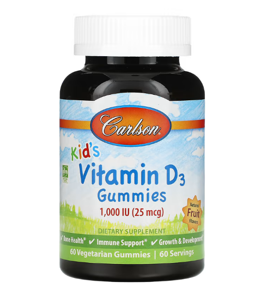 Carlson, Детские жевательные таблетки с витамином D3, натуральные фруктовые ароматизаторы, 25 мкг (1000 МЕ), 6
