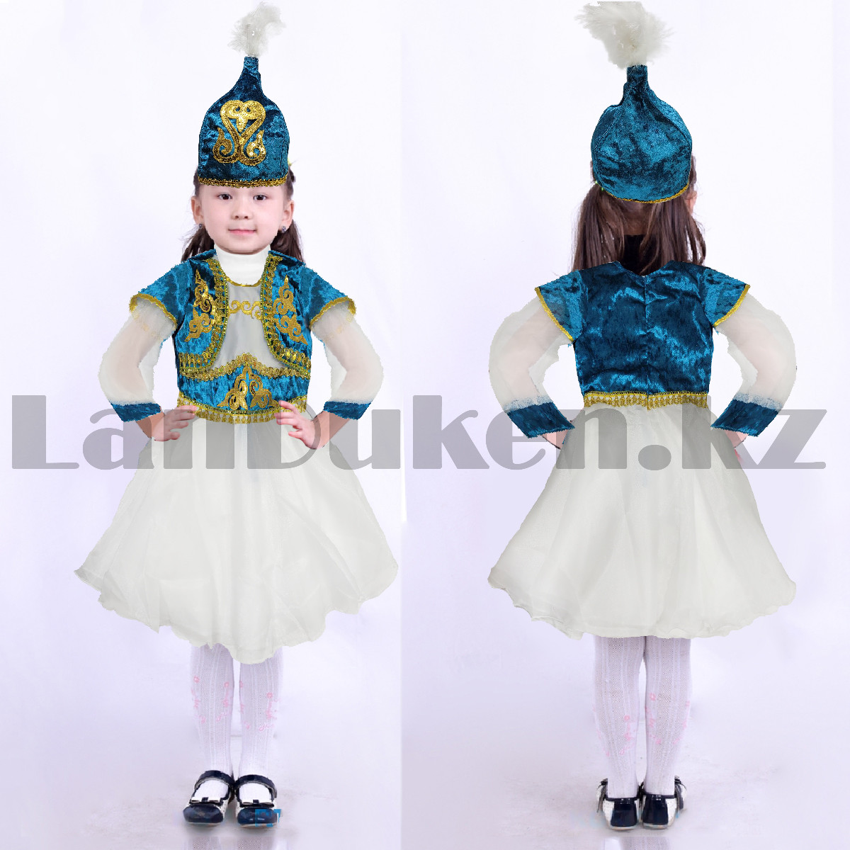 Платье детское казахское национальное с головным убором саукеле c золотыми орнаментами голубое (размеры 28-38)
