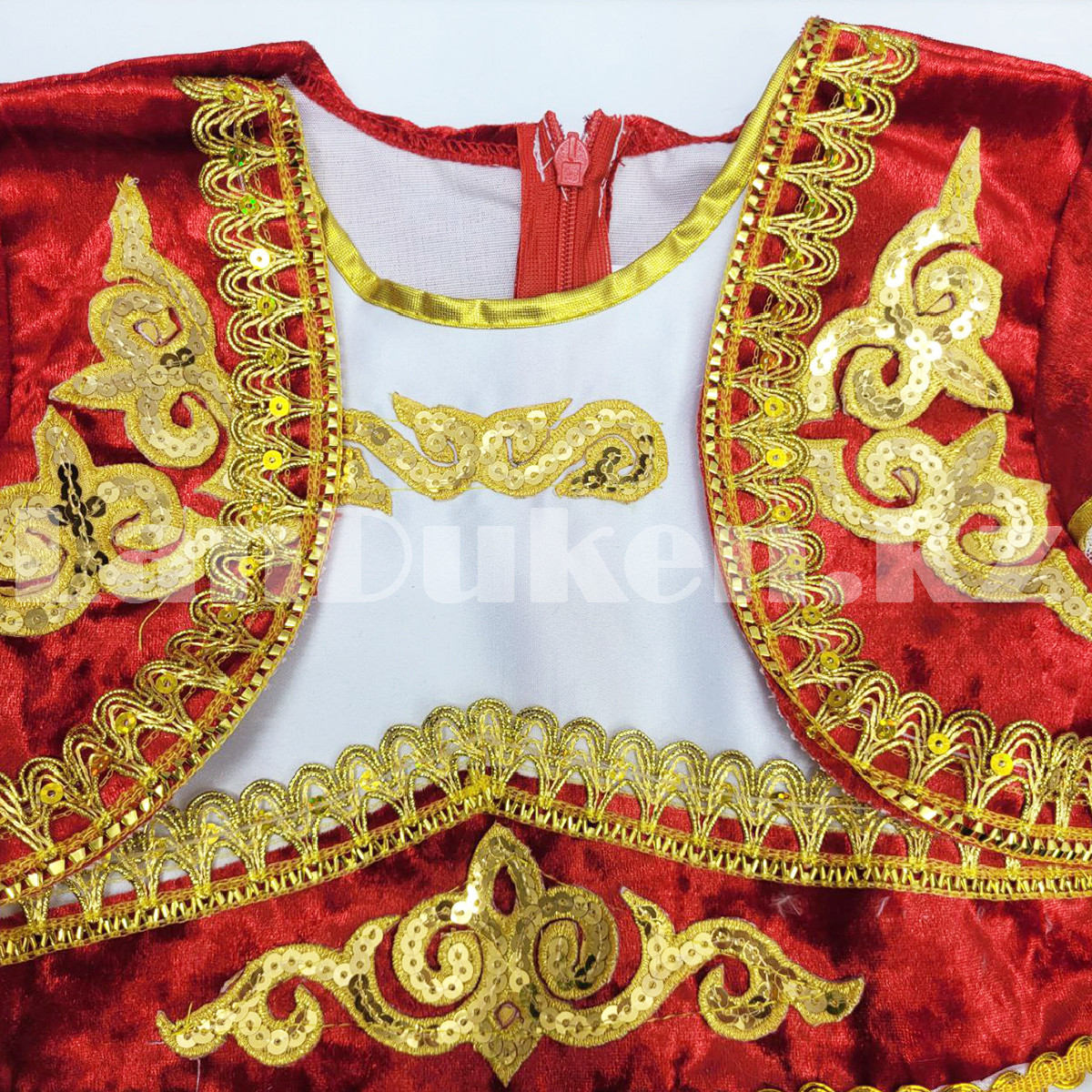 Платье детское казахское национальное с головным убором саукеле c золотыми орнаментами красное (размеры 36-42) - фото 2 - id-p107299694