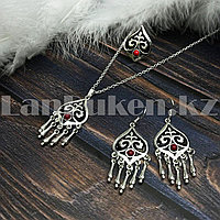 Комплект казахских национальных украшений из подвески, кольца и сережек с красным камнем вид 1