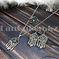 Комплект казахских национальных украшений из подвески, кольца и сережек с бирюзовым камнем вид 3