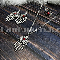 Комплект казахских национальных украшений из подвески, кольца и сережек с красным камнем вид 5