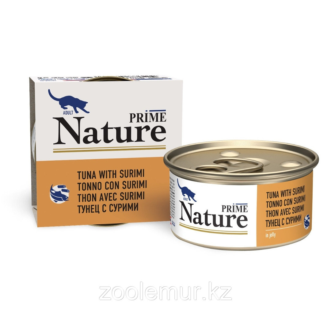 PRIME NATURE Консервированный корм для кошек, тунец с сурими в желе, 85 гр