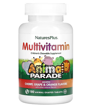 NaturesPlus, Animal Parade, мультивитаминная добавка для детей, вишня, виноград и апельсин, 180 таблеток в фор