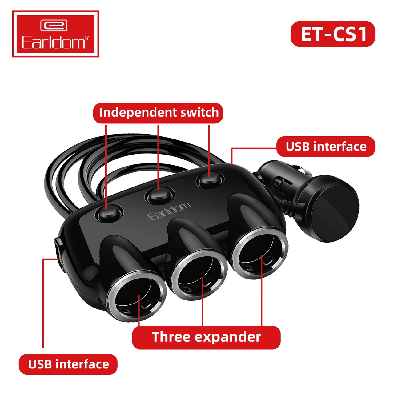 Разветвитель прикуривателя Earldom ES-CS1, 3 прикуривателя, 2 USB порта, черный - фото 2 - id-p107326971