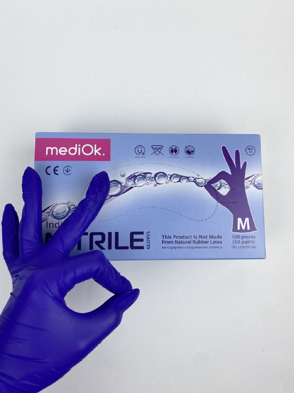 Перчатки нитриловые MediOk неопудренные, ИНДИГО, размер M уп 50 пар (пачки) - фото 1 - id-p102563683