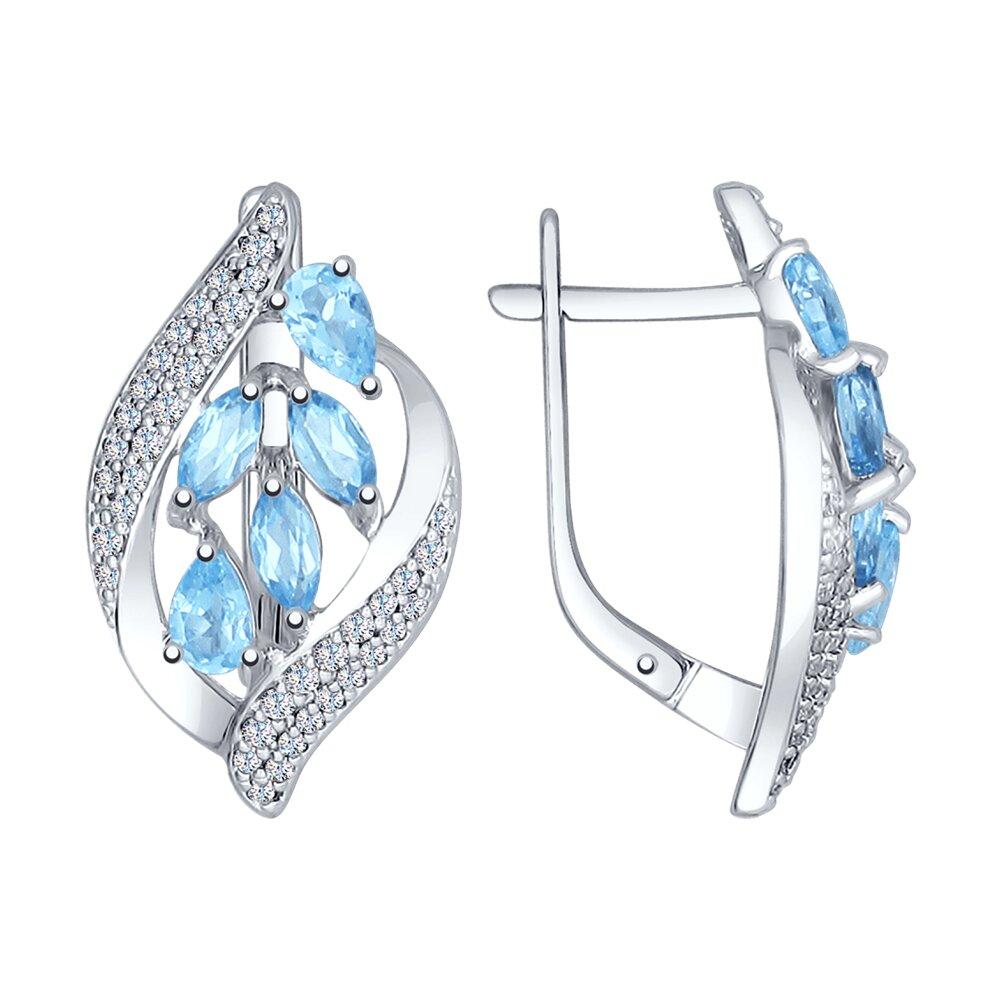Серьги из серебра с голубыми топазами и фианитами SOKOLOV 92021509 серебро с родием, с английским замком, фото 1