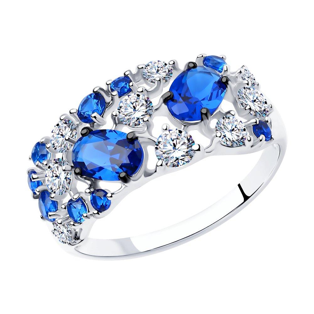 Кольцо из серебра с бесцветными и синими фианитами SOKOLOV 94012300 покрыто родием - фото 1 - id-p51534697