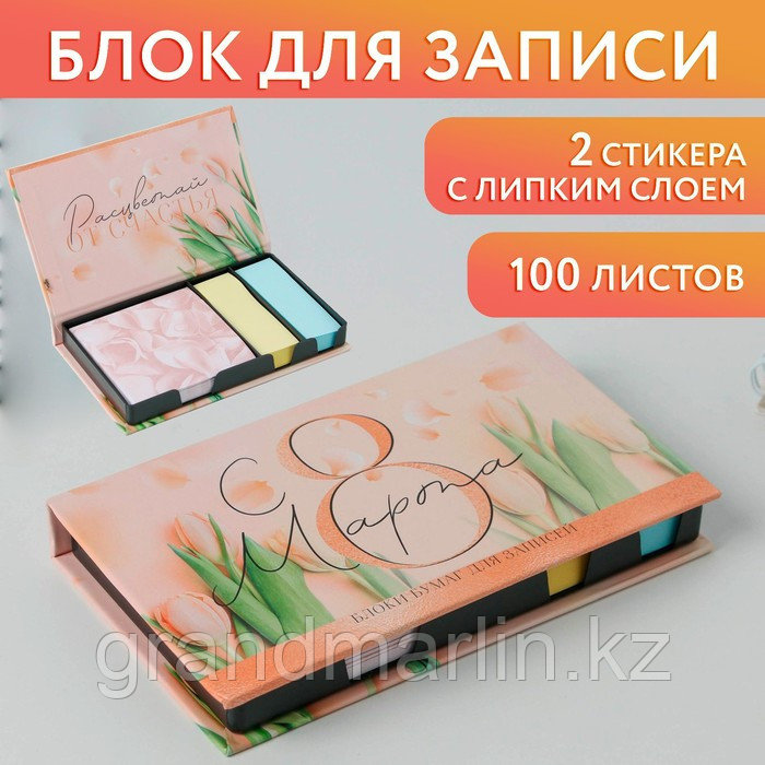 Бумажный блок в пластиковом футляре «С 8 марта», 100 листов + 2 стикера, фото 1