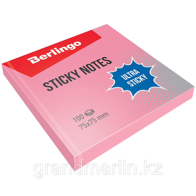 Самоклеящийся блок Berlingo "Ultra Sticky", 75*75мм, 100л., пастель, розовый - фото 1 - id-p107440208