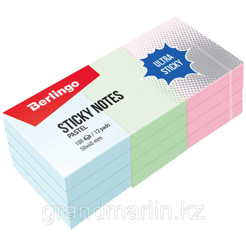 Самоклеящийся блок Berlingo "Ultra Sticky", 50*40мм, 12 блоков по 100л, 3 пастельных цвета, фото 1