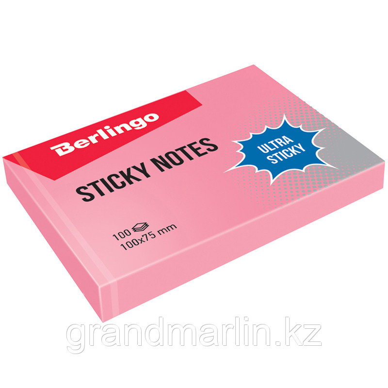 Бумага для заметок клейкая Berlingo "Ultra Sticky", 100 х 75мм, 100л, пастель, розовый