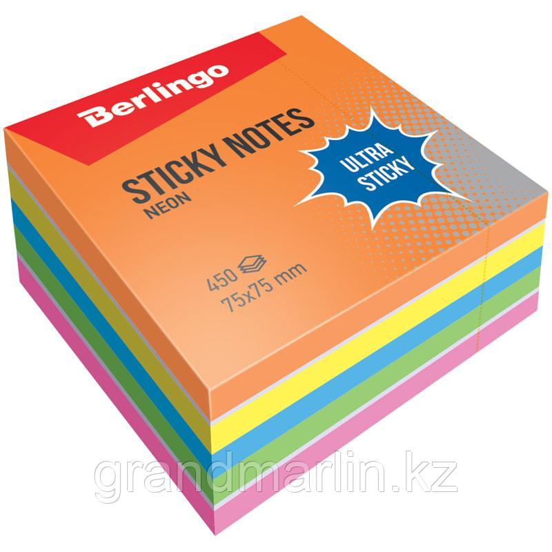 Самоклеящийся блок Berlingo "Ultra Sticky", 75*75мм, 450л, 5 неоновых цветов + 1 белый - фото 2 - id-p107440212
