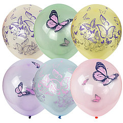Воздушные шары,   25шт., М12/30см, ПатиБум "Кристалл Bubble. Бабочки", пастель+декоратор, ассорти, е