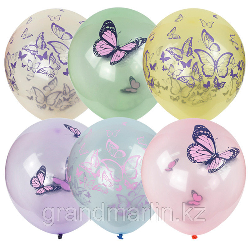 Воздушные шары, 25шт., М12/30см, ПатиБум "Кристалл Bubble. Бабочки", пастель+декоратор, ассорти, е - фото 1 - id-p107440582
