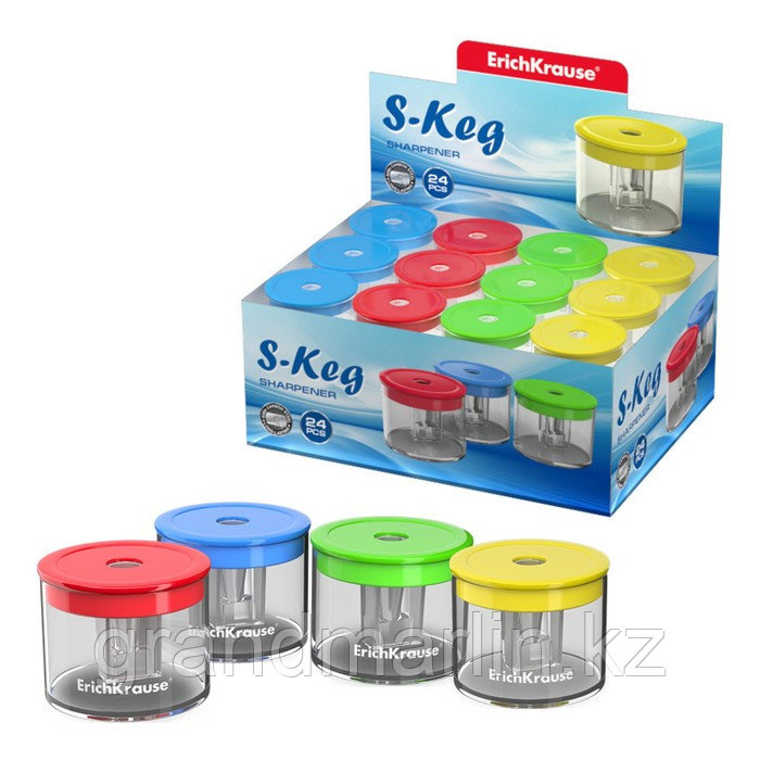 Точилка пластиковая ErichKrause S-Keg, Neon, с контейнером, ассорти (в коробке-дисплее по 24 шт)