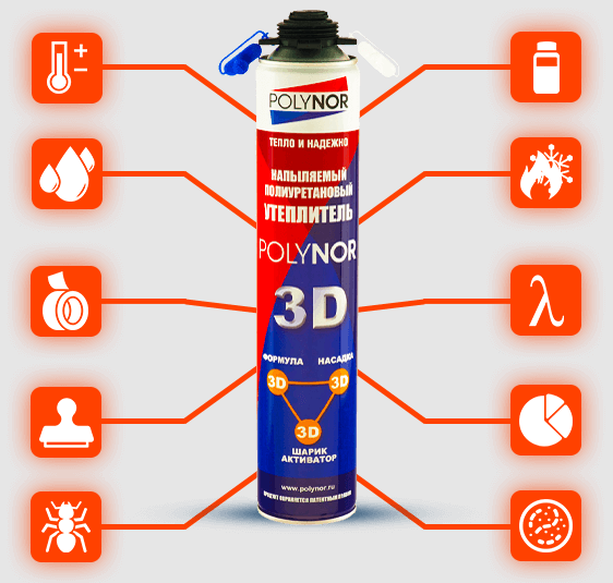 Напыляемый полиуретановый утеплитель POLYNOR 3D 1000 мл