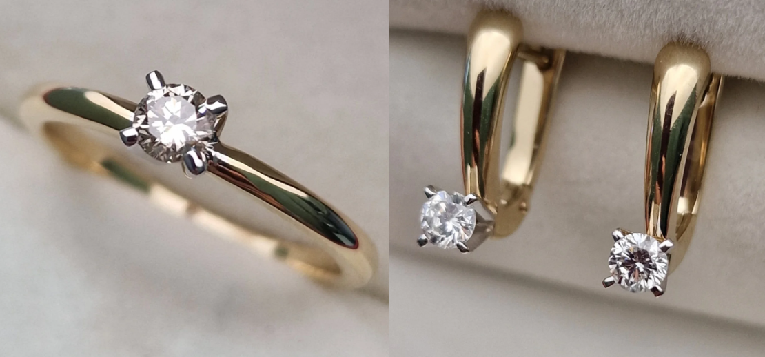 Золотой набор с бриллиантами (кольцо 0.15Сt I1/J G-Cut ,серьги 0.32Ct SI1-SI2/I, VG-Cut )