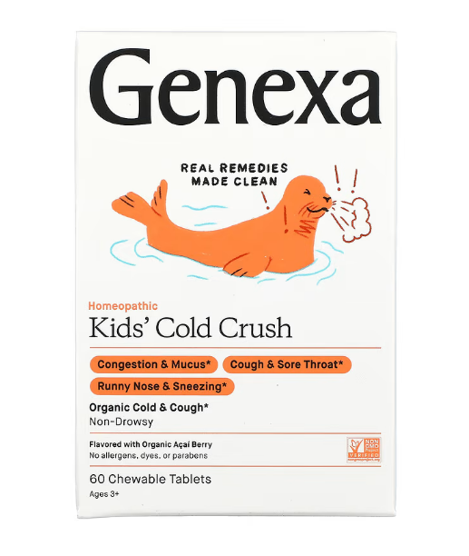 Genexa LLC, Kids´ Cold Crush, от простуды и кашля, для детей от 3 лет, органические ягоды асаи, 60 жевательных