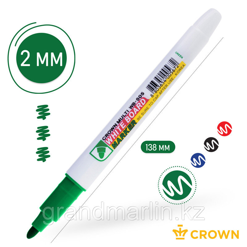 Маркер для белых досок Crown "Multi Board Slim" зеленый, пулевидный, 2мм - фото 2 - id-p107463789