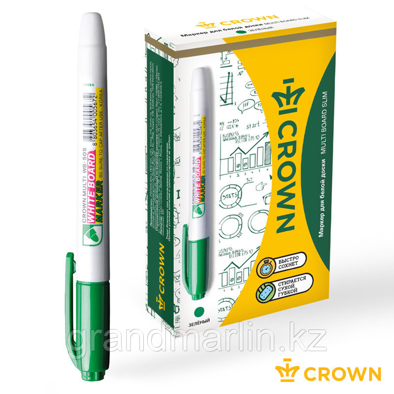 Маркер для белых досок Crown "Multi Board Slim" зеленый, пулевидный, 2мм - фото 5 - id-p107463789