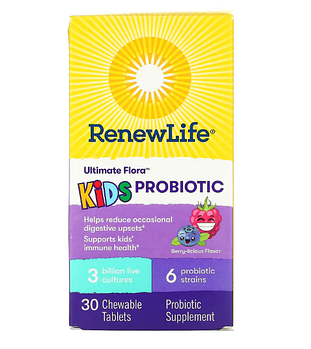 Renew Life, Ultimate Flora, пробиотик для детей, ягодный вкус, 3 млрд живых культур, 30 жевательных таблеток
