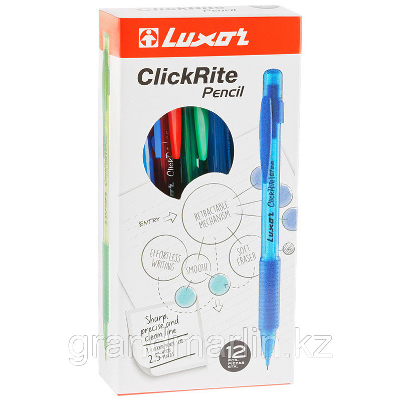 Карандаш механический Luxor "ClickRite" 0,5мм, с ластиком, грип, ассорти - фото 8 - id-p105276802