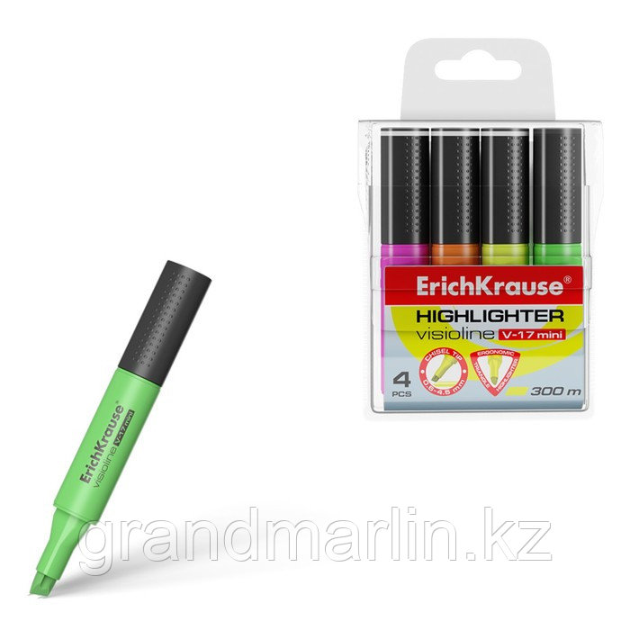 Набор из 4 текстмаркеров ErichKrause Visioline V-17 Mini Neon, цвет чернил: желтый, зеленый, розовый - фото 1 - id-p107464633