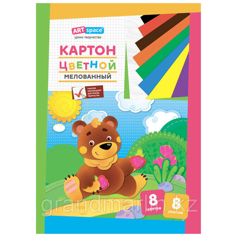 Картон цветной A3, ArtSpace, 8л., 8цв., мелованный в папке, фото 1